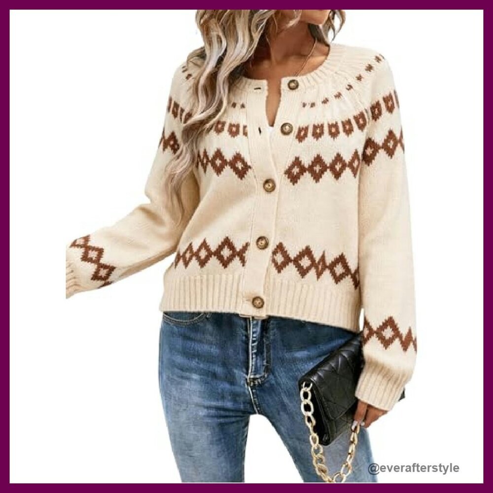 Fair Isle Cropped Cardigan Chunky Knit Y2K Retro Chic Fall Winter Sweater - Picture 3 of 9
